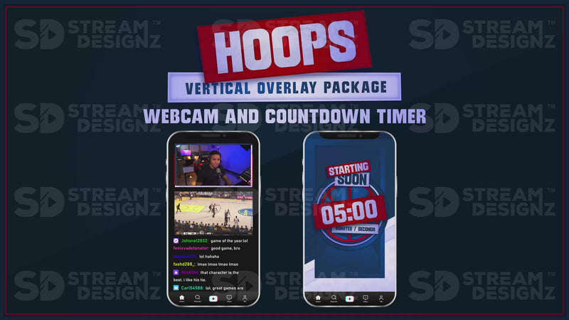 vertical stream overlay package webcam and countdown timer hoops stream designz