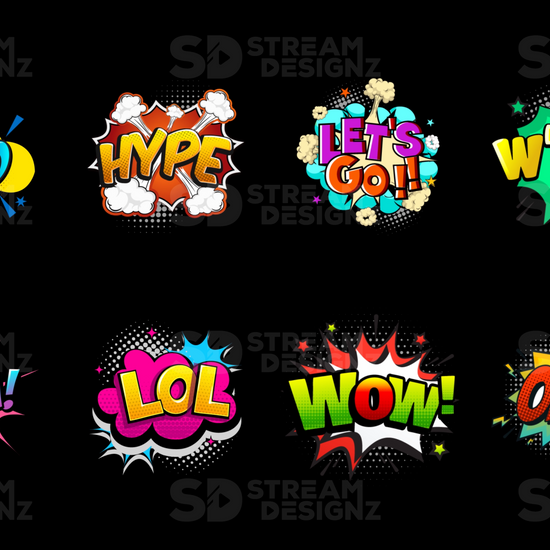 8 pack emotes animated comic text preview video stream designz