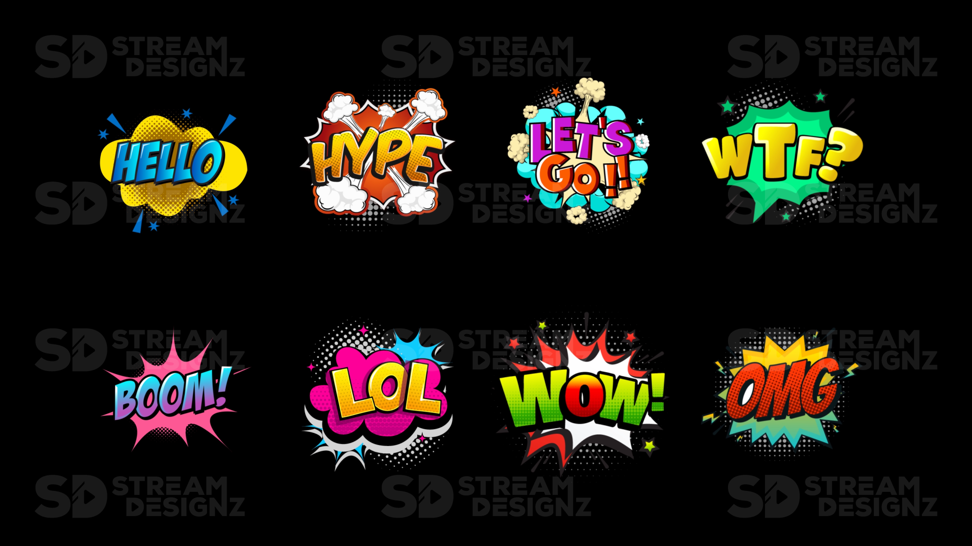 8 pack emotes animated comic text preview video stream designz