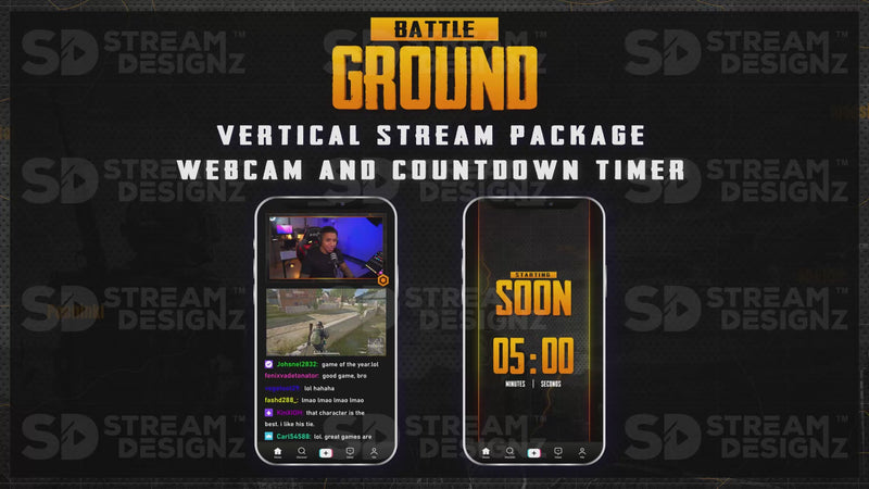 vertical stream overlay package webcam and countdown timer battleground stream designz