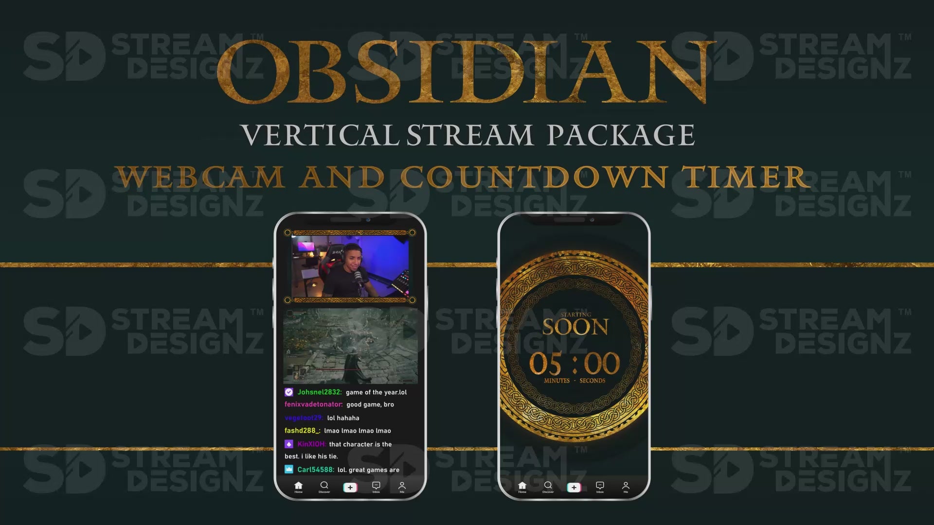 vertical stream overlay package webcam and countdown timer obsidian stream designz