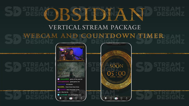 vertical stream overlay package webcam and countdown timer obsidian stream designz