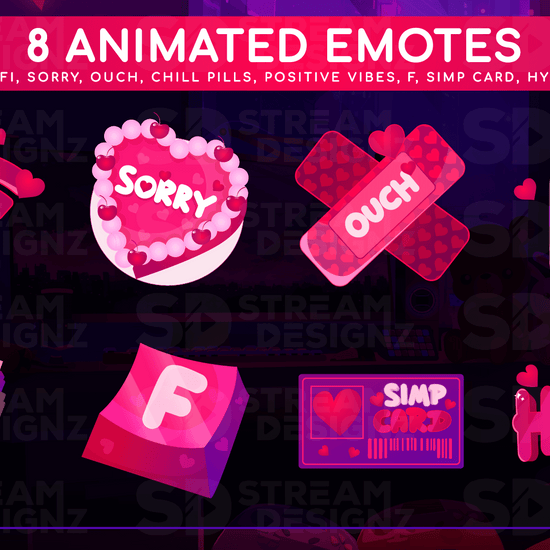 Ultimate stream package 8 animated emotes valentine lofi stream designz