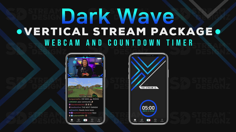 vertical stream overlay package webcam and countdown timer dark wave stream designz