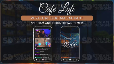 vertical stream overlay package webcam and countdown timer cafe lofi stream designz