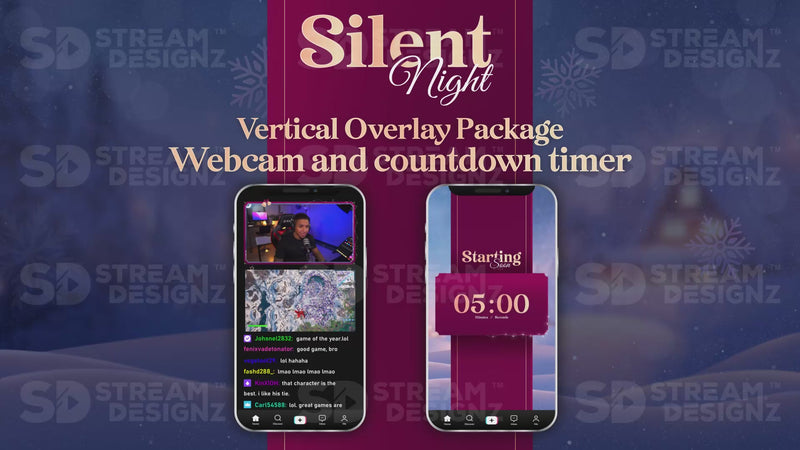 vertical stream overlay package webcam and countdown timer silent night stream designz