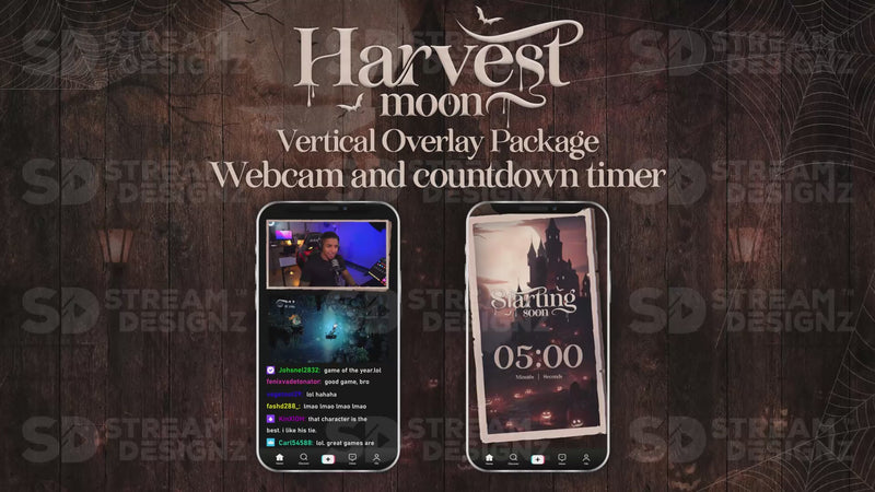 vertical stream overlay package webcam and countdown timer harvest moon stream designz