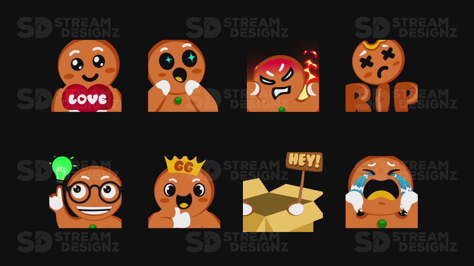 8 pack emotes - gingerbread preview video - stream designz