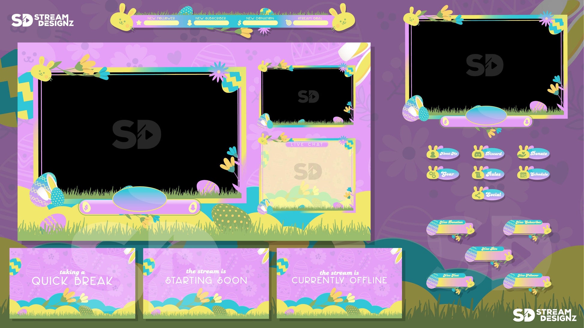 Stream Overlay Package - Easter Egg - Purple, Blue, & Yellow - Stream Designz